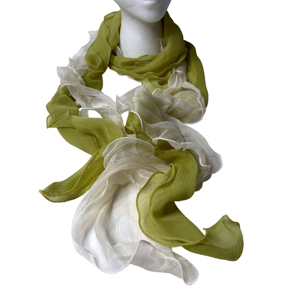 Chiffon Sheer Ruffle Scarf Green Cream Draping‎ Boho Feminine Fairy Boho